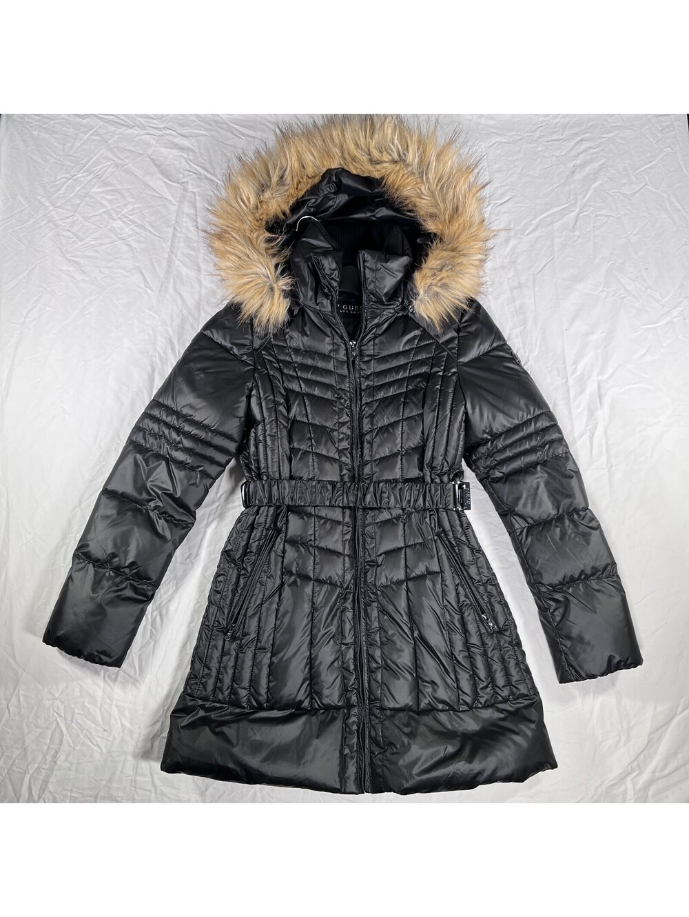 GUESS Los Angeles Women's S Black Belted Long Puffer Coat Fur Trim Hood